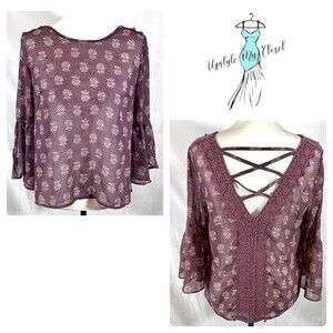 Long bell sleeve mauve semi sheer top with lace detail size large